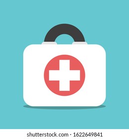 First aid kit box on turquoise blue. Emergency, doctor, medic service, urgency, healthcare and illness concept. Flat design. EPS 8 vector illustration, no transparency, no gradients