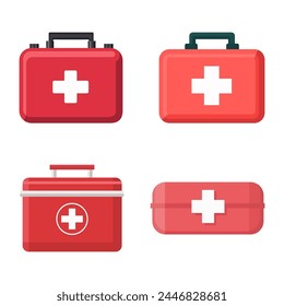 Juego de caja de botiquín de primeros auxilios. Objeto rojo con una cruz en él, equipo médico, almacenamiento de primeros auxilios, caso médico.Ilustración vectorial