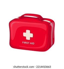 First Aid Kit Box Vector Illustration. Cartoon Isolated Medical Emergency Bag, Red Suitcase With Cross Symbol Full Of Pills And Equipment In Case Of Accident Or Injury, Medical Box To Care Health