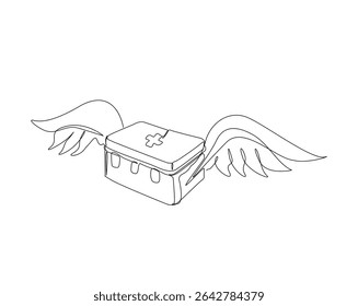 First aid kit box with wings outline illustration. Continuous line drawing of angel medical box.
