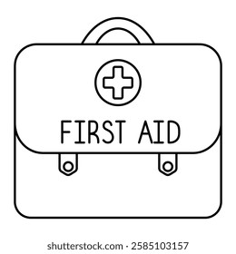 First aid kit - briefcase. Sketch. Bag with first aid items, decorated with a cross and lettering - first aid. Vector illustration. Doodle style. Outline on an isolated white background. 