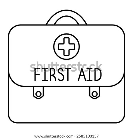 First aid kit - briefcase. Sketch. Bag with first aid items, decorated with a cross and lettering - first aid. Vector illustration. Doodle style. Outline on an isolated white background. 