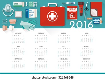 First aid kit calendar 2016 with medical supplies for emergencies, healthcare concept