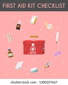 First aid kit cartoon checklist vector illustration. Medical equipment and pills for patient. Health care banner, poster. Bandage, plaster, drugs, syringe and thermometer.