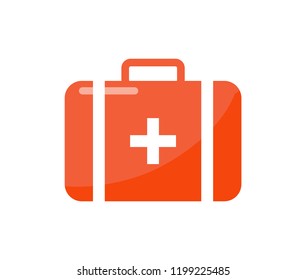 First aid kit in cartoon style isolated vector icon. Red square suitcase with big cross in center and handle at top flat design, isolated medical box
