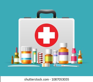 First aid kit. First aid case box vector illustration for emergency services, healthcare and hilfe concepts