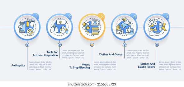 Plantilla de infografía de círculo del kit de primeros auxilios. Sobrevivir en la guerra. Visualización de datos con 5 pasos. Gráfico de información de la línea de tiempo del proceso. Diseño de flujo de trabajo con iconos de línea. Lato-Bold, fuentes regulares usadas