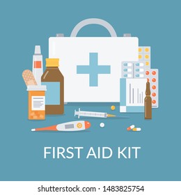 First aid kit composition. Medical bag with different medicaments. Flat vector illustration. 