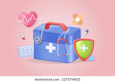 Erste Hilfe Kit Konzept 3D Illustration. Ikone Zusammensetzung mit Arztbeutel mit Rettungsausrüstung, Stethoskop, Tabletten und Tabletten, Gips und medizinischem Schild. Vektorgrafik für modernes Webdesign