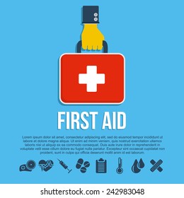 First aid kit concept with hand holding medicine chest with cross and healthcare icons flat vector illustration