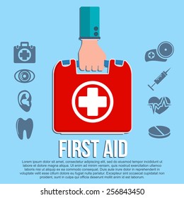 First aid kit concept with hand holding medicine chest with cross and healthcare icons flat vector illustration