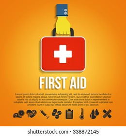 First Aid Kit Concept with hand holding medicine chest with cross and healthcare icons flat vector illustration