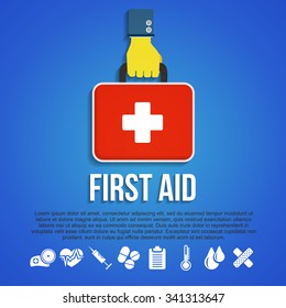 First Aid Kit Concept with hand holding medicine chest with cross and healthcare icons flat vector illustration