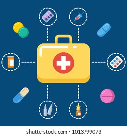 First aid kit concept - medicine icons set. Medicine symbol, vector illustration