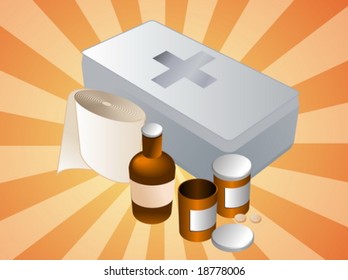 First aid kit and its contents including pills and bandages, illustration