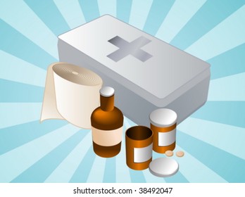 First aid kit and its contents including pills and bandages, illustration