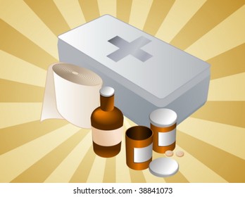 First aid kit and its contents including pills and bandages, illustration