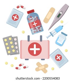 First Aid Kit With Contents Isolated On White Background In Flat Style