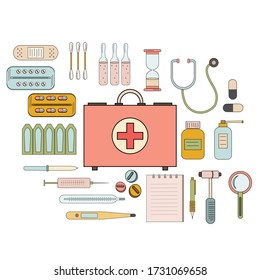 First aid kit and its contents the medicines and drugs in Doodle style vector illustration of a colored and white background