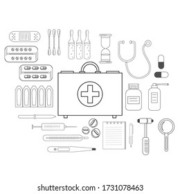 First aid kit and its contents medicines and medicines in Doodle style, black outline on a white background, vector illustration, banner, icons, Diane