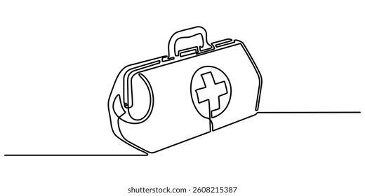 First Aid Kit continuous line drawing with color shapes, Continuous one line drawing of first aid box kit vector illustration, one line drawing of medical bag, Pro vector. pro vector illustration. 