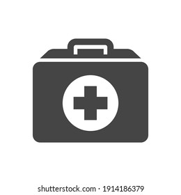 First Aid Kit With Cross Bold Black Silhouette Icon Isolated On White. Medical Case, Hospital Bag For Emergency And Survival Situations Pictogram. Primary Care Box Vector Element For Infographic, Web.