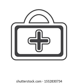 First aid kit with cross mark in centre. Doctor emergency case icon isolated on white background. Healthcare equipment illustration for banner or website ui. Black and white flat medical chest