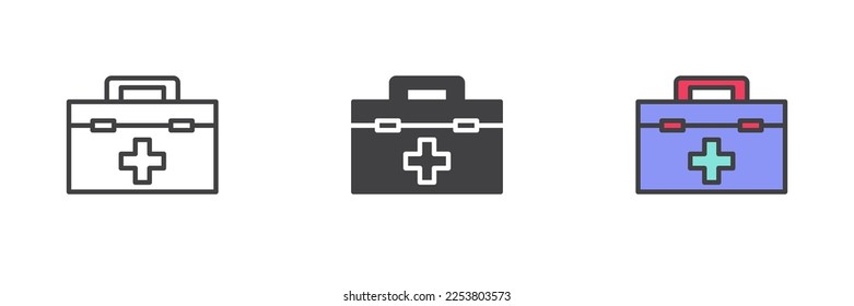 First aid kit different style icon set. Line, glyph and filled outline colorful version, outline and filled vector sign. Symbol, logo illustration. Vector graphics