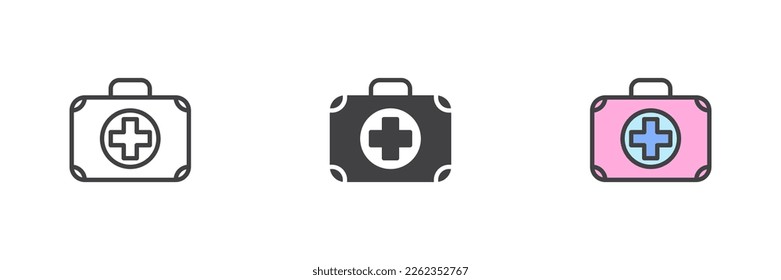 First aid kit different style icon set. Line, glyph and filled outline colorful version, outline and filled vector sign. Symbol, logo illustration. Vector graphics