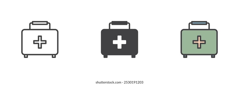 First aid kit different style icon set. Line, glyph and filled outline colorful version, outline and filled vector sign. Medical case symbol, logo illustration. Vector graphics