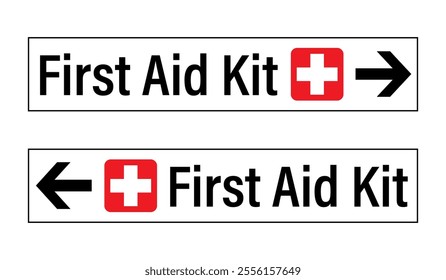 First aid kit, directional sign. Two rectangle signs with symbol, text and arrows, one pointing right and the other pointing left.