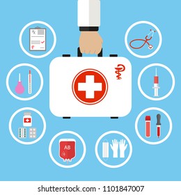  First aid kit in doctor hand. Medical help.Healthcare insurance concept.