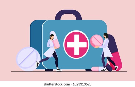 Kit de primeros auxilios, doctores y píldoras ilustraciones planas de dibujos animados. Cartel de emergencia médica. Diseño de concepto de lucha contra virus.