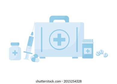 First aid kit with drugs, medical bottle vector icon with pills and syringe, emergency suitcase, doctor box isolated on white background. Healthcare illustration