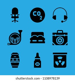 first aid kit, drum, co, desk chair, eye drops, double bed, french horn, chemical and headphones vector icon. Simple icons set