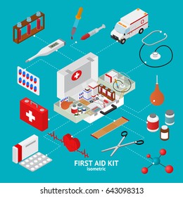 First Aid Kit Element Set Isometric View Clinic and Emergency Ambulance Medicine. Vector illustration