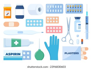 First Aid Kit elements, set. Medical help items. Plasters, pills, bandage, aspirin, thermometer, gloves, syringe, painkiller. Elements for medical infographics. Vector illustration