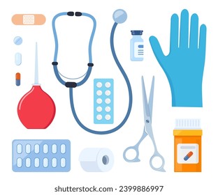 First Aid Kit elements, set. Medical help items. Plasters, pills, bandage, aspirin, thermometer, gloves, syringe, painkiller. Elements for medical infographics. Vector illustration