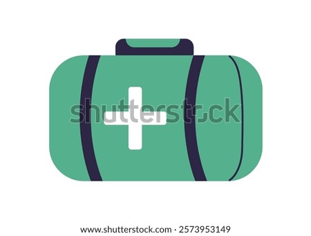 First aid kit in emergency box with medical cross. Suitcase with health drugs, medicine supplies. Firstaid case, survival bag, rescue briefcase. Flat vector illustration isolated on white background