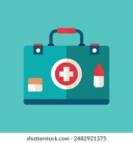 First aid kit, emergency medical supplies for camping, hunting, hiking. Medicine equipment set. Vector first aid kit flat style cartoon illustration isolated 