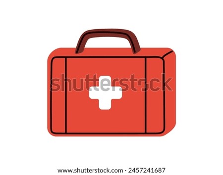 First aid kit, emergency medical box. Red suitcase with cross. Health assistance, healthcare equipment. Portable case, firstaid briefcase. Flat vector illustration isolated on white background