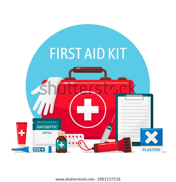 First aid kit,
emergency medical supplies for camping, hunting, hiking. Medicine
equipment set. Vector first aid kit flat style cartoon illustration
isolated on white
background