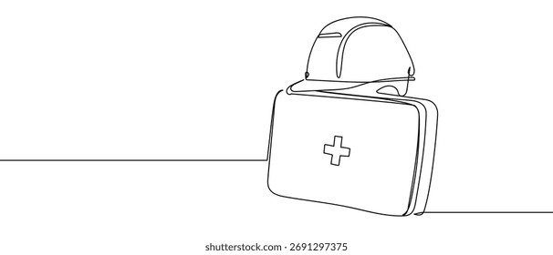 Erste-Hilfe-Kit und Ingenieurhelm, durchgehende Linie handgezeichnet doodle. Vektorgrafik mit einzeiligem Design 