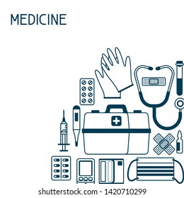 First aid kit equipment background. Medical instruments for emergency assistance.