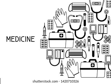 First aid kit equipment background. Medical instruments for emergency assistance.