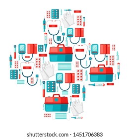 First aid kit equipment background. Medical instruments for emergency assistance.