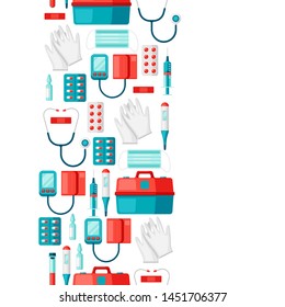 First aid kit equipment. seamless pattern. Medical instruments for emergency assistance.