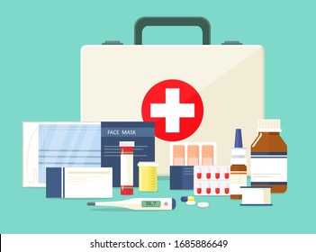 First aid kit. Face mask and various medications. Vector illustration in cartoon style.