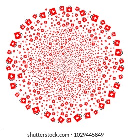 First Aid Kit festive sphere. Object pattern combined from scattered first aid kit icons as fireworks spheric cluster. Vector illustration style is flat iconic symbols.