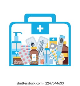 First aid kit filled with medicines. Pills, capsules, ointments, ampoules, syringes, medicine bottles in a box. Vector illustration isolated on white background.